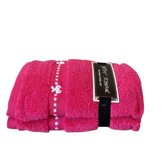 2pc Betsey Johnson Hand Towels 16x26 Hot Pink White Coquette Bow 100% Cotton New - Picture 6 of 11
